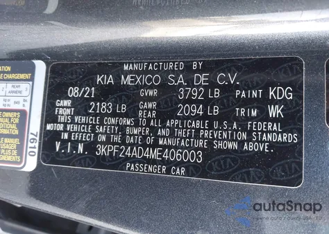2021 Kia Forte Lxs from USA, damaged, VIN 3KPF24AD4ME406003